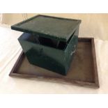 A green painted square wooden box with a wooden tray.Pencil Two: Silver plated British made pencil