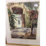 A framed & glazed limited edition print of an original watercolour 'Old Courtyard', signed in pencil