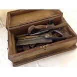 A vintage wooden toolbox and tools to include Spear & Jackson tenon saw, Marples chisel and other