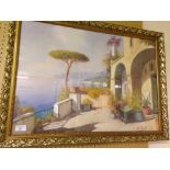 A large framed & glazed print of a mediterranean terrace scene by A. Pisani. 56 x 77cm.