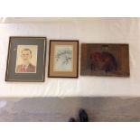 3 pictures to include a naive oil on canvas of a horse, a watercolour portrait of a man, and a print