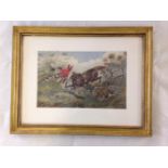 A framed & glazed watercolour of a Regency Huntsman being un-horsed. 34 x 43cm. Unsigned.