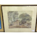 A framed & glazed print of a riverside cottage scene. 46 x 55cm.