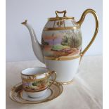 Vintage handpainted Nippon coffee pot 19cm tall with lakeland scene, with matching coffee can &