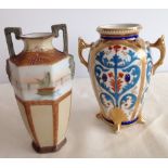 2 handpainted vintage Noritake vases, 1 with gilded & blue decoration, the other with a lake scene