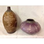 2 French part glazed vases, brown & purple.