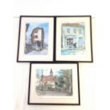 3 framed & glazed prints of French village scenes by Richard Cole, signed in Pencil.