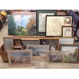 A collection of original paintings & prints to include 2 oil on board landscapes & 2 maps.