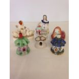 6 pieces of Staffordshire pottery including cottages & figures - a/f.