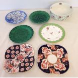 Six 19th-20th century plates to include Wedgwood leaf plates with a Mintons bowl.