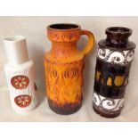 3 West German pottery vases c1960s-70s.