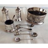 A small quantity of plated items to include salt with blue glass liner and a HM silver salt spoon,