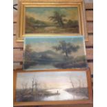 3 oil paintings of lake scenes, all unsigned, one unframed.