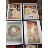 4 framed & glazed Mucha art nouveau prints, each 41 x 31cm.