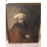 A framed oil on board portrait of Rembrandt, unsigned. 79 x 64cm.
