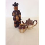 Doulton Lambeth miniature stoneware teapot & creamer with pottery figural Whisky Ewer of a