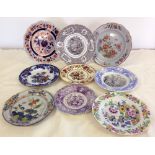 9 19th century plates to include transferware and Ironstone.