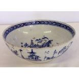 18th century pearlware blue & white punch bowl, possibly Liverpool. a/f chips and cracks. 29.5cm