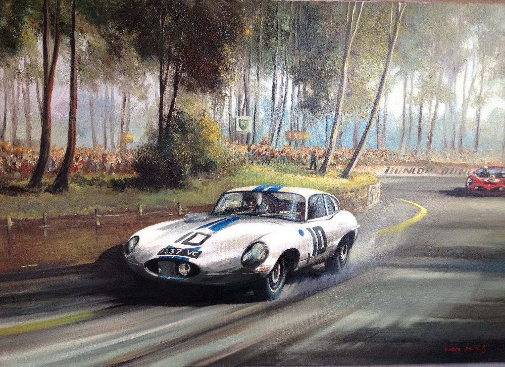 An original Dion Pears oil on canvas of Le Mans 1962 depicting the Cunningham/Salvadori  E Type (4th