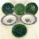 4 19th century majolica plates with 2 Wedgwood bowls.