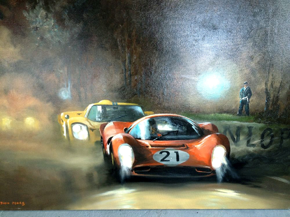 A Dion Pears original oil on canvas of Le Mans 24 hour race 1967 depicting the Scarfiotti & Parkes