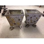 2 square concrete garden planters with metal feet. 32cm square x 31cm tall.