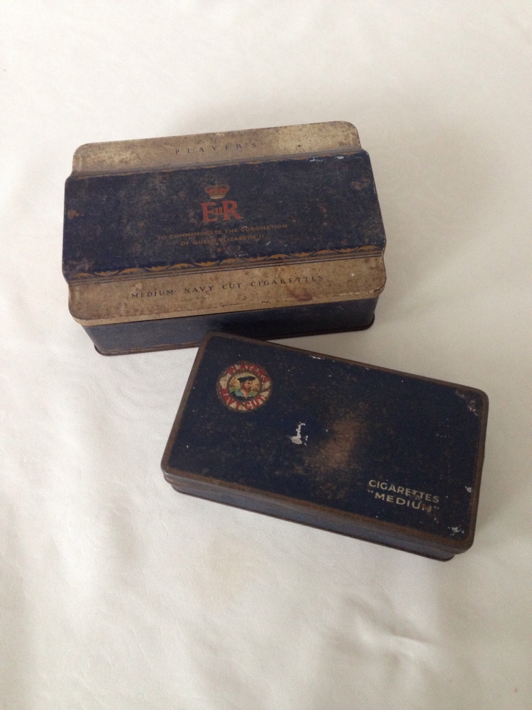 2 vintage tins - a Players cigarette tin and a Players 1953 coronation cigarette tin.