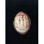 An oval finely carved cameo brooch of the 3 Graces in marcasite setting