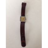 Vintage Strand non-magnetic rectangular watch, Swiss made, brown leather strap - not working.