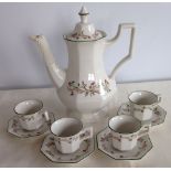 Johnson Bros 'Eternal Beau' pattern coffee pot & 4 coffee cups & saucers.