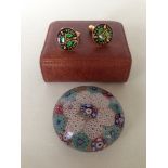 Small vintage Chinese millefiori paperweight together with a pair of cufflinks made from enamelled
