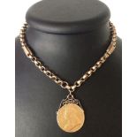 A Victorian £2 gold coin on a 9ct gold chain. Total weight approx 50.5g