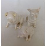 3 Belleek animals comprising of 2 pigs (1 small & 1 larger) and a terrier dog, all green backstamp.