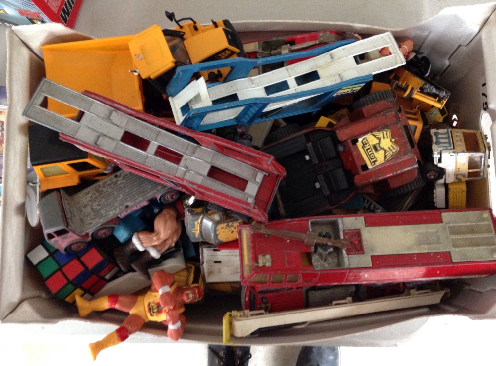 A box of Matchbox, Corgi, Dinky and other playworn diecast.