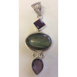 Large 925 silver laboradite, garnet & amethyst set pendant, approx 8cm length.