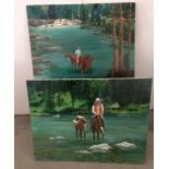 2 large oil on canvas Cowboy crossing a river paintings each 71 x 82cm. - unsigned.