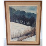 A framed oil on canvas of a winter landscape - unsigned. 76 x 60cm.