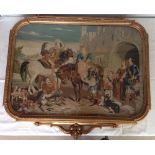 A large late 19th century gilt framed & glazed tapestry of a 17th century courtyard scene. 78 x