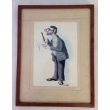 A vintage framed & glazed ink caricature of a newspaper reporter, signed Kerry. 38 x 29cm.