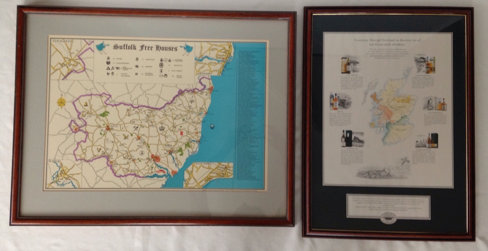 2 framed & glazed breweiana prints - Scottish Whiskies & Suffolk free houses.