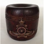 A treen pot with Royal Artillery regimental badge.