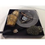 A small box of mixed items to include a 925 silver pill box with blue & white ceramic lid, a wrist