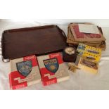 A quantity of assorted items to include 78rpm records, 2 heraldic shields, 2 diecast cars, a