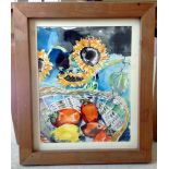 A framed & glazed watercolour of sunflower & fruit signed "CB Tokyo Oct '90". 53 x 45cm.