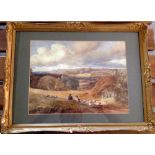 A framed & glazed watercolour of a valley with shepherds in the foreground - unsigned, in gilt