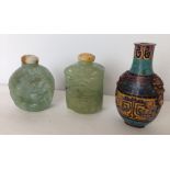 3 oriental snuff bottles to include cloisonne & 2 green Jade carved examples decorated with winged