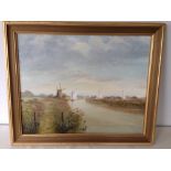 A framed oil on board of a river scene with windmill 48 x 58cm " sailing by Oby Mill " signed B