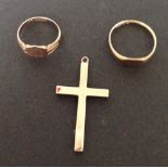 2 small 9ct gold signet rings together with a 9ct gold cross pendant (a/f). Approx weight 5.2g