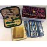 4 vintage ladies items comprising of a boxed goldtone powder compact, 2 cased manicure sets & a