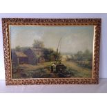 A framed print on canvas of a cottage scene in an ornate gilded frame. Canvas varnished 58 x 84cm